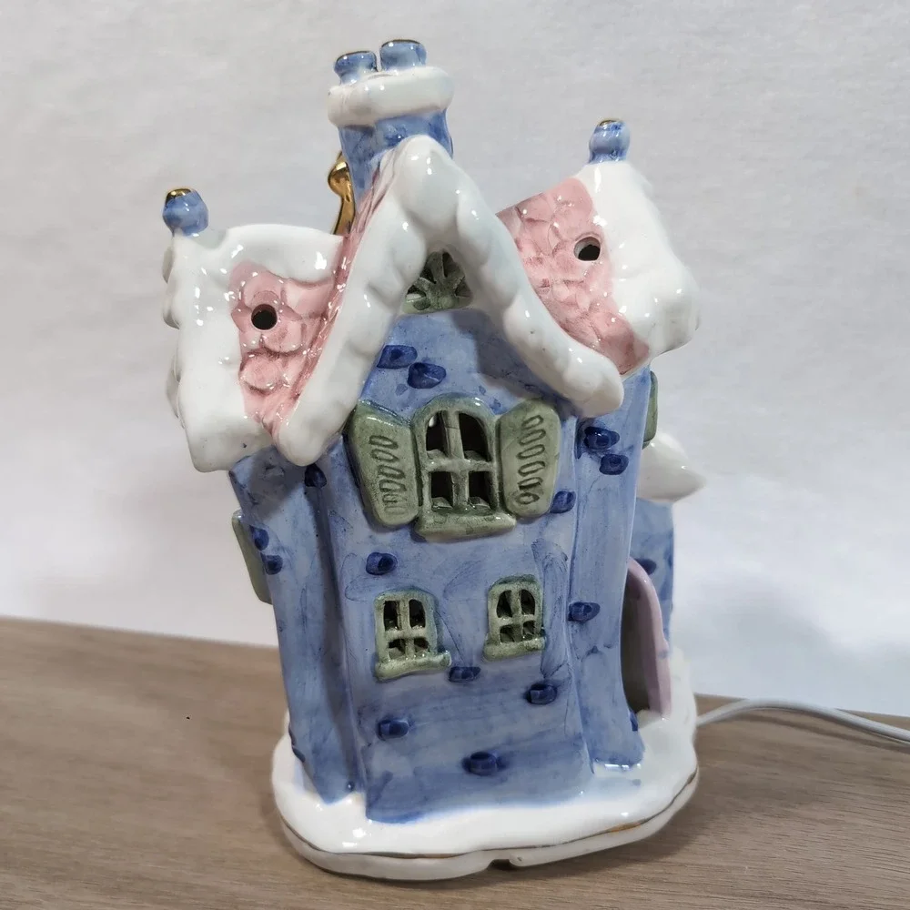 Vintage Cozy Corner Blue Pink Ceramic Lighted Cottage Christmas House 50s-70s - Picture 3 of 8